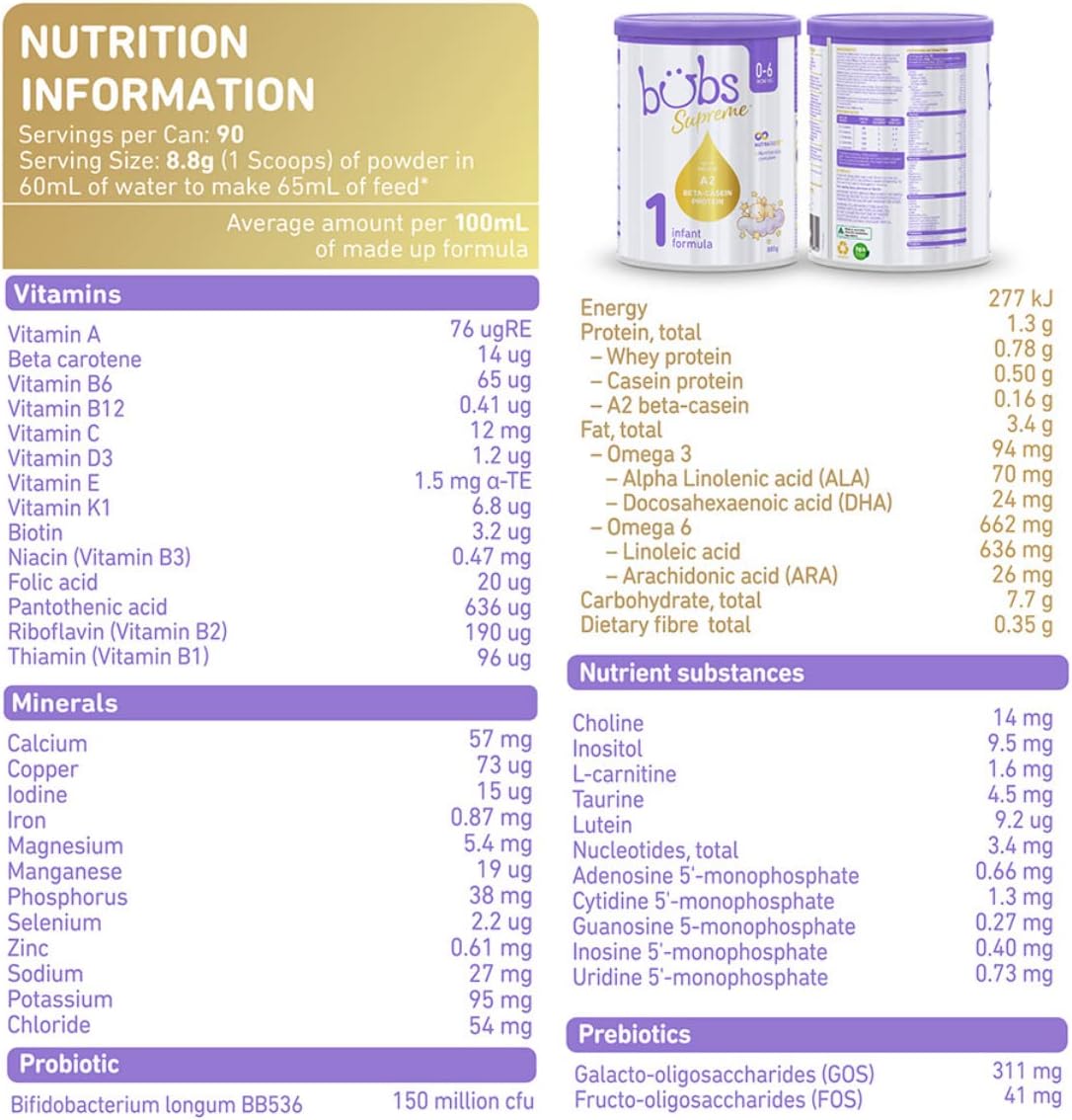 Bubs Supreme Infant Formula, Stage 1, Infants 0-6 months, Made with A2 Beta-Casein Protein Cows Milk, 28.2 oz - Image 7